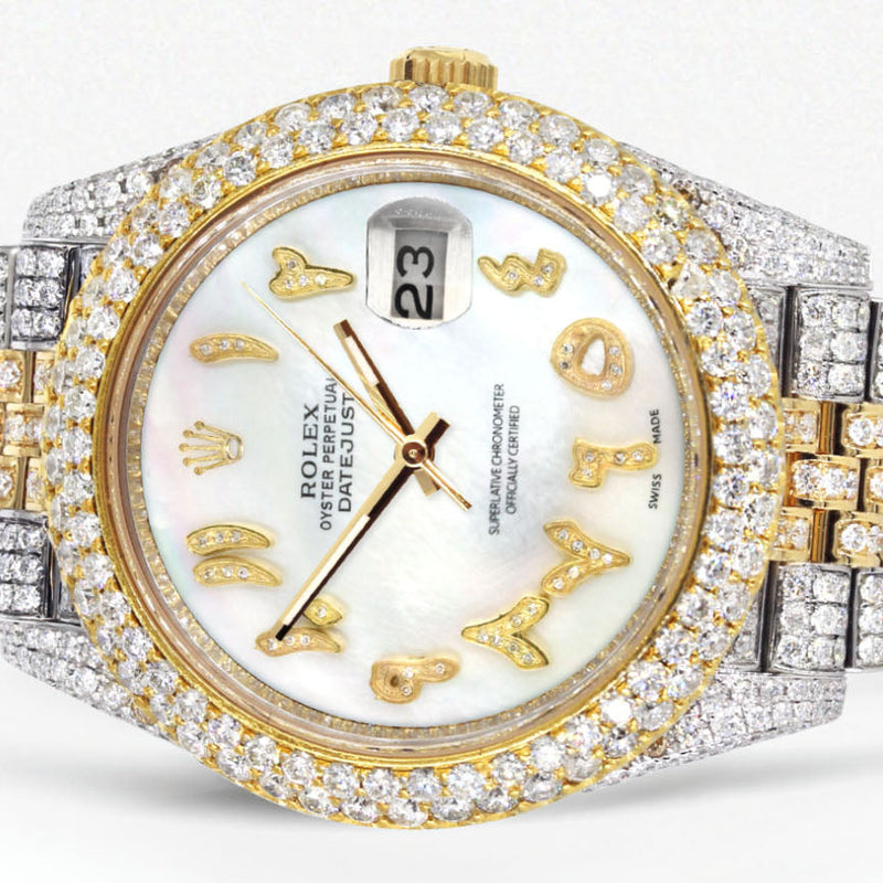 Womens Diamond Iced Out Rolex Datejust 41 | 25 Carats Of Diamonds | Custom Mother of Pearl Arabic Numeral Diamond Dial | Two Tone | Two Row | Jubilee Band