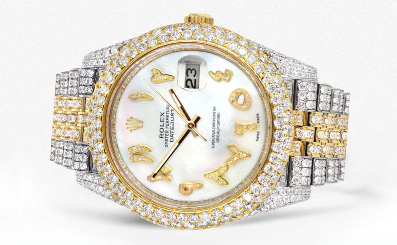 Womens Diamond Iced Out Rolex Datejust 41 | 25 Carats Of Diamonds | Custom Mother of Pearl Arabic Numeral Diamond Dial | Two Tone | Two Row | Jubilee Band