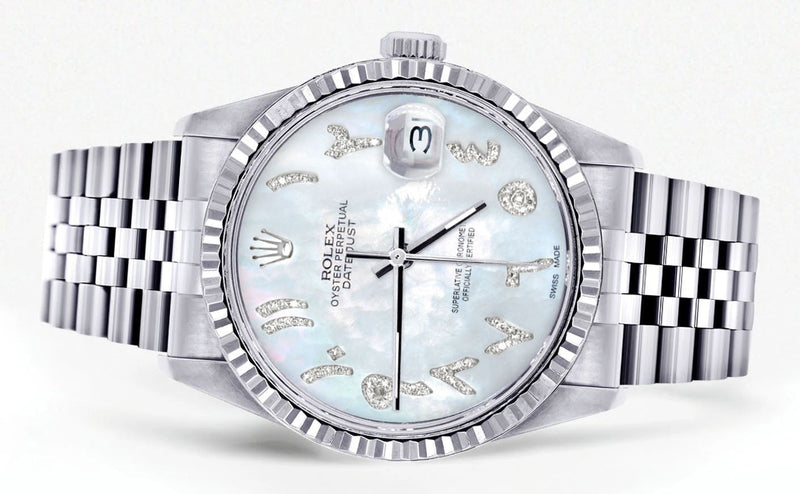 Womens Rolex Datejust Watch 16200 | Fluted Bezel | 36Mm | Mother of Pearl Arabic Dial | Fluted Bezel | Jubilee Band