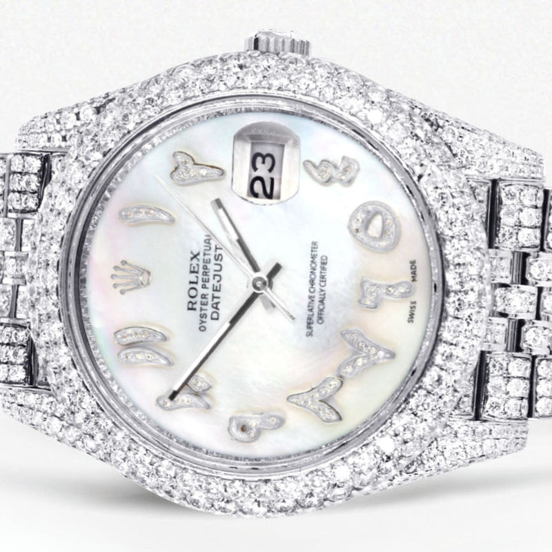 Womens Diamond Iced Out Rolex Datejust 41 | 25 Carats Of Diamonds | Custom Mother of Pearl Arabic Numeral Diamond Dial | Two Row | Jubilee Band