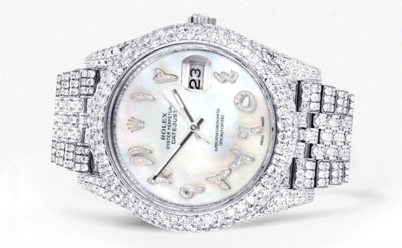 Womens Diamond Iced Out Rolex Datejust 41 | 25 Carats Of Diamonds | Custom Mother of Pearl Arabic Numeral Diamond Dial | Two Row | Jubilee Band