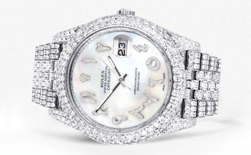 Diamond Iced Out Rolex Datejust 41 | 25 Carats Of Diamonds | Custom Mother of Pearl Arabic Numeral Diamond Dial | Two Row | Jubilee Band