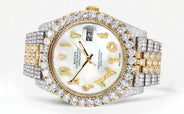 Diamond Iced Out Rolex Datejust 41 | 25 Carats Of Diamonds | Custom Mother of Pearl Arabic Numeral Diamond Dial | Two Tone | Jubilee Band