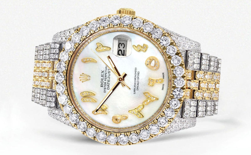 Diamond Iced Out Rolex Datejust 41 | 25 Carats Of Diamonds | Custom Mother of Pearl Arabic Numeral Diamond Dial | Two Tone | Jubilee Band