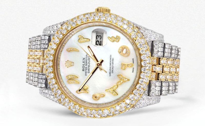 Diamond Iced Out Rolex Datejust 41 | 25 Carats Of Diamonds | Custom Mother of Pearl Arabic Numeral Diamond Dial | Two Tone | Two Row | Jubilee Band