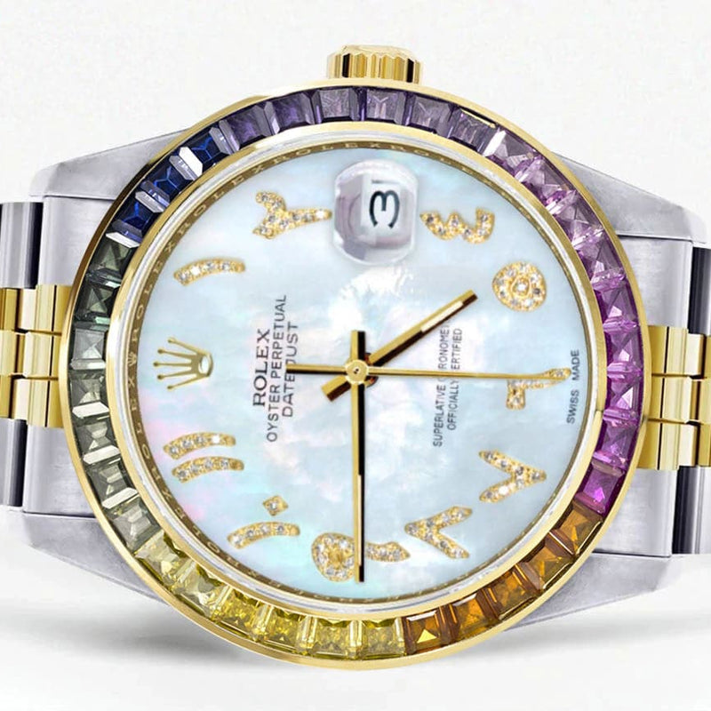 Diamond Gold Rolex Watch For Men 16233 | 36Mm | Rainbow Sapphire Bezel | Diamond Mother Of Pearl Arabic Numeral Dial | Jubilee Band