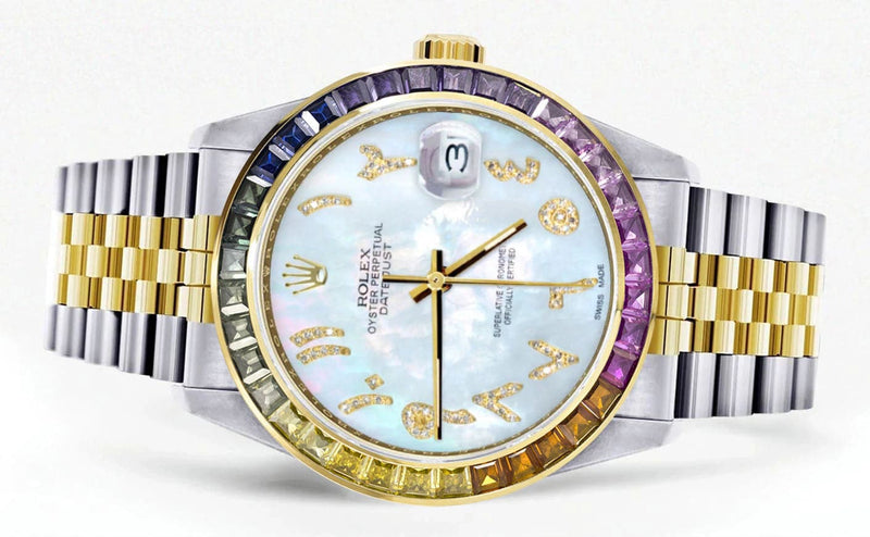 Diamond Gold Rolex Watch For Men 16233 | 36Mm | Rainbow Sapphire Bezel | Diamond Mother Of Pearl Arabic Numeral Dial | Jubilee Band