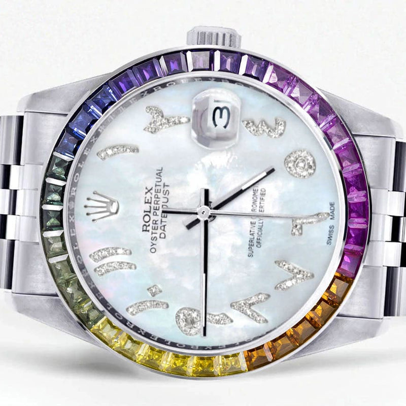 Diamond Gold Rolex Watch For Men 16200 | 36Mm | Rainbow Sapphire Bezel | Mother Of Pearl Arabic Numeral Dial | Jubilee Band