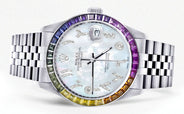 Diamond Gold Rolex Watch For Men 16200 | 36Mm | Rainbow Sapphire Bezel | Mother Of Pearl Arabic Numeral Dial | Jubilee Band