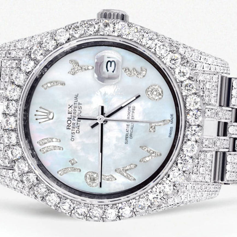 Iced Out Rolex Datejust 36 MM | Stainless Steel | 16.5 Carats of Diamonds | Mother of Pearl Arabic Diamond Dial | Jubilee Band | Model 116200