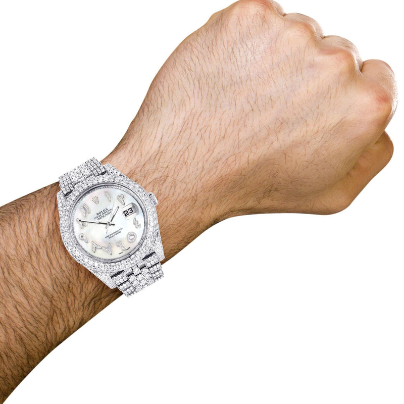 Diamond Iced Out Rolex Datejust 41 | 25 Carats Of Diamonds | Custom Mother of Pearl Arabic Numeral Diamond Dial | Two Row | Jubilee Band