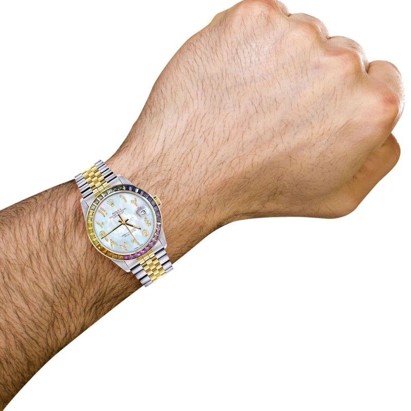 Diamond Gold Rolex Watch For Men 16233 | 36Mm | Rainbow Sapphire Bezel | Diamond Mother Of Pearl Arabic Numeral Dial | Jubilee Band
