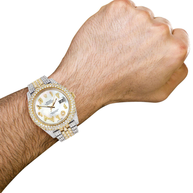 Diamond Iced Out Rolex Datejust 41 | 25 Carats Of Diamonds | Custom Mother of Pearl Arabic Numeral Diamond Dial | Two Tone | Two Row | Jubilee Band
