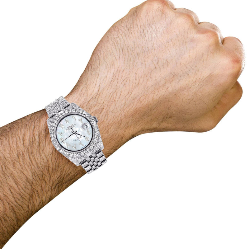 Iced Out Rolex Datejust 36 MM | Stainless Steel | 16.5 Carats of Diamonds | Mother of Pearl Arabic Diamond Dial | Jubilee Band | Model 116200