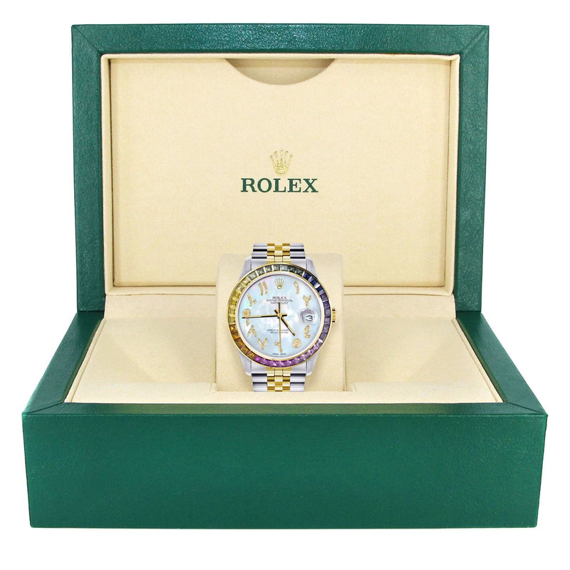 Diamond Gold Rolex Watch For Men 16233 | 36Mm | Rainbow Sapphire Bezel | Diamond Mother Of Pearl Arabic Numeral Dial | Jubilee Band