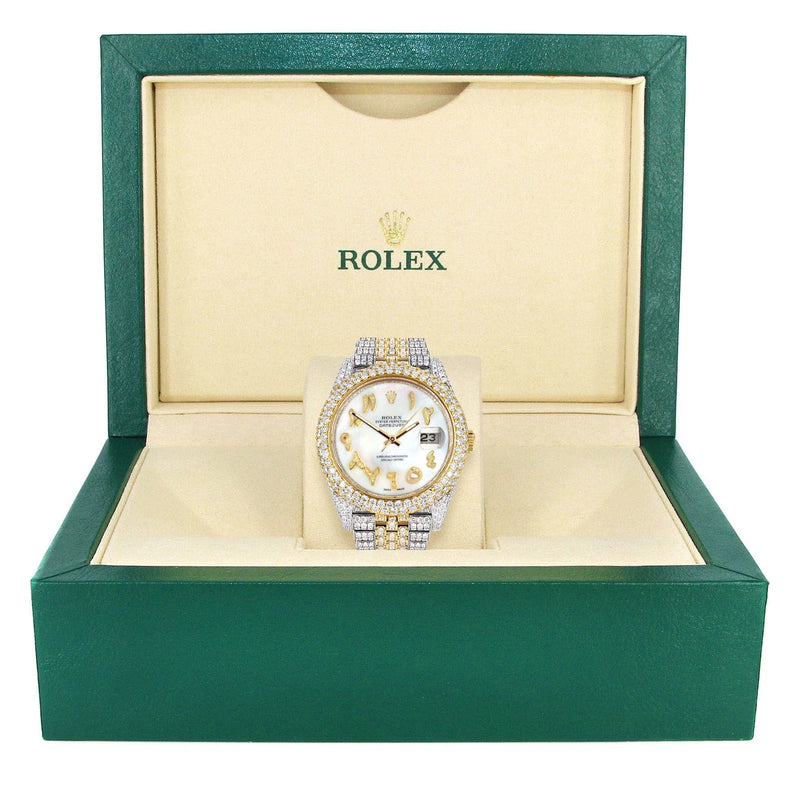 Womens Diamond Iced Out Rolex Datejust 41 | 25 Carats Of Diamonds | Custom Mother of Pearl Arabic Numeral Diamond Dial | Two Tone | Two Row | Jubilee Band