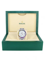 Diamond Gold Rolex Watch For Men 16200 | 36Mm | Rainbow Sapphire Bezel | Mother Of Pearl Arabic Numeral Dial | Jubilee Band