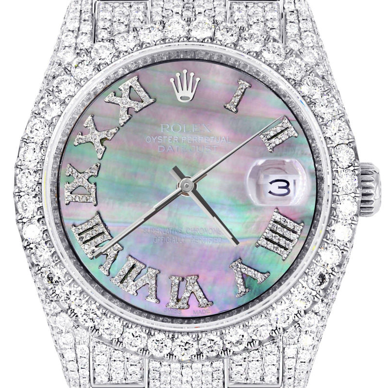 Iced Out Rolex Datejust 36 MM | Stainless Steel | 16.5 Carats of Diamonds | Mother of Pearl Roman Diamond Dial | Oyster Band | Model 116200