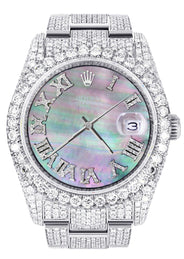 Iced Out Rolex Datejust 36 MM | Stainless Steel | 16.5 Carats of Diamonds | Mother of Pearl Roman Diamond Dial | Oyster Band | Model 116200