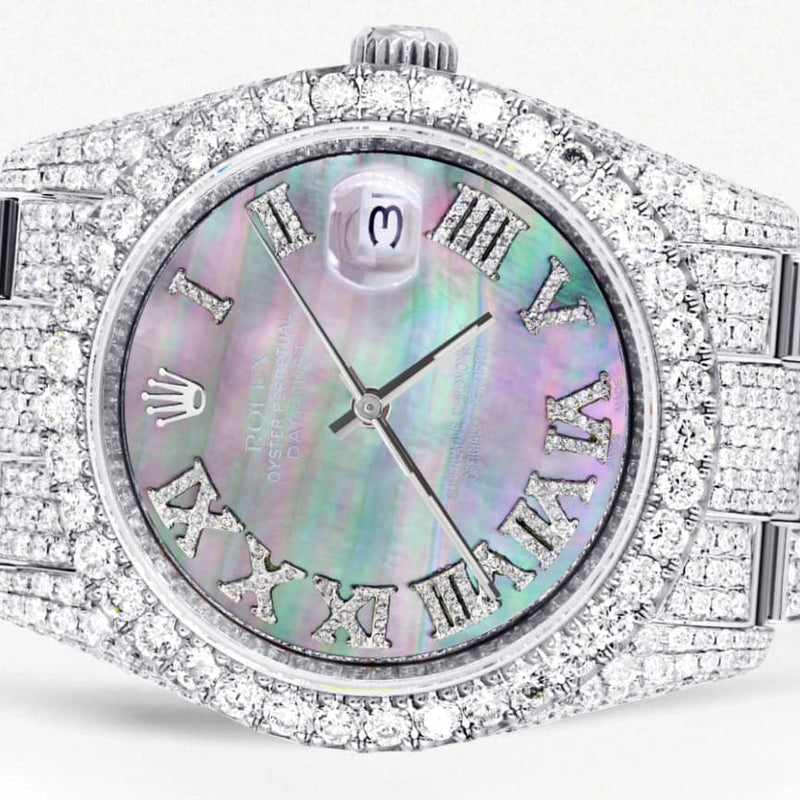 Iced Out Rolex Datejust 36 MM | Stainless Steel | 16.5 Carats of Diamonds | Mother of Pearl Roman Diamond Dial | Oyster Band | Model 116200
