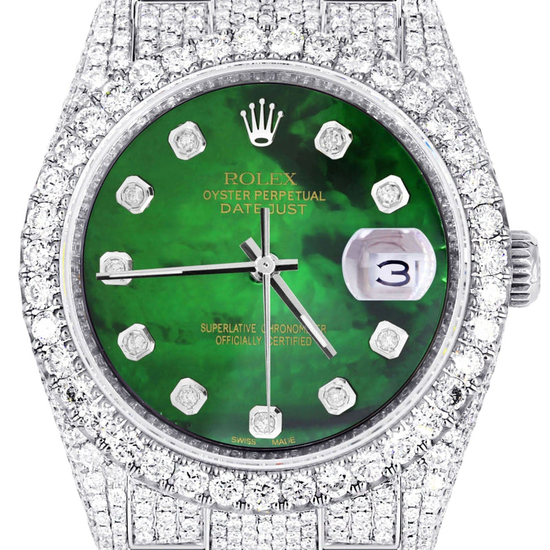 Iced Out Rolex Datejust 36 MM | Stainless Steel | 16.5 Carats of Diamonds | Green Mother of Pearl Diamond Dial | Oyster Band | Model 116200