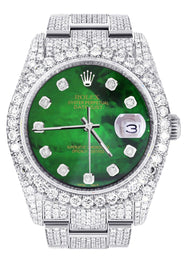 Iced Out Rolex Datejust 36 MM | Stainless Steel | 16.5 Carats of Diamonds | Green Mother of Pearl Diamond Dial | Oyster Band | Model 116200
