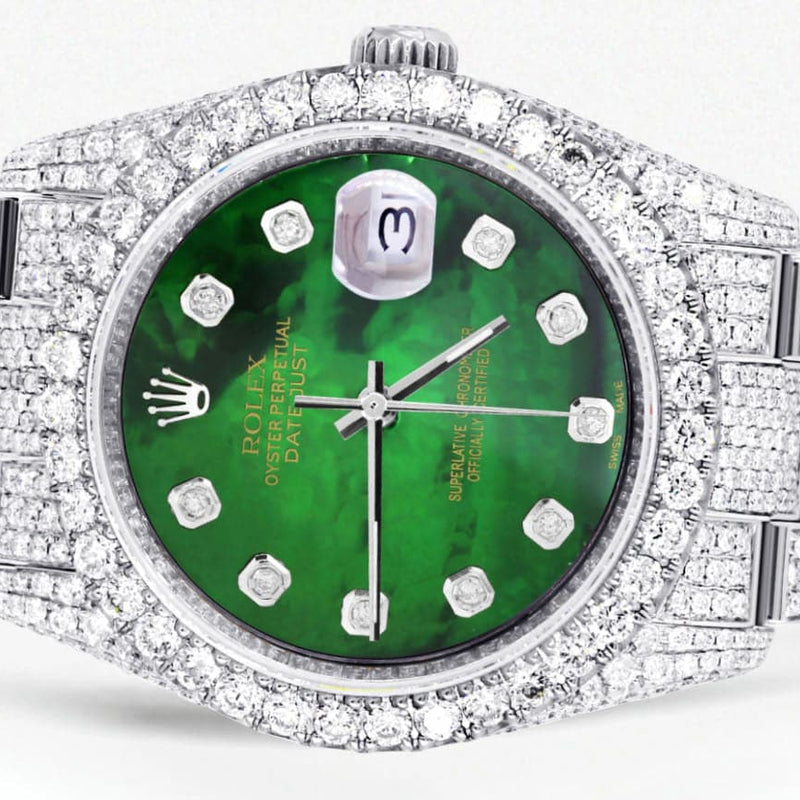 Iced Out Rolex Datejust 36 MM | Stainless Steel | 16.5 Carats of Diamonds | Green Mother of Pearl Diamond Dial | Oyster Band | Model 116200