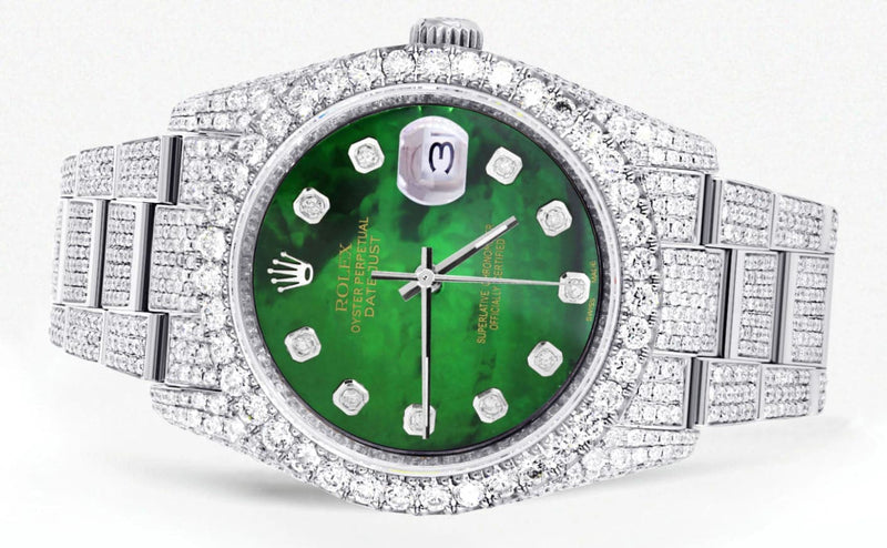Iced Out Rolex Datejust 36 MM | Stainless Steel | 16.5 Carats of Diamonds | Green Mother of Pearl Diamond Dial | Oyster Band | Model 116200