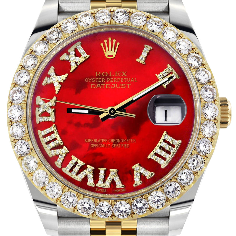 Rolex Datejust 41 Watch | 41 MM | 18K Yellow Gold & Stainless Steel | Custom Red Mother of Pearl Roman Dial | Jubilee Band