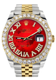 Rolex Datejust 41 Watch | 41 MM | 18K Yellow Gold & Stainless Steel | Custom Red Mother of Pearl Roman Dial | Jubilee Band