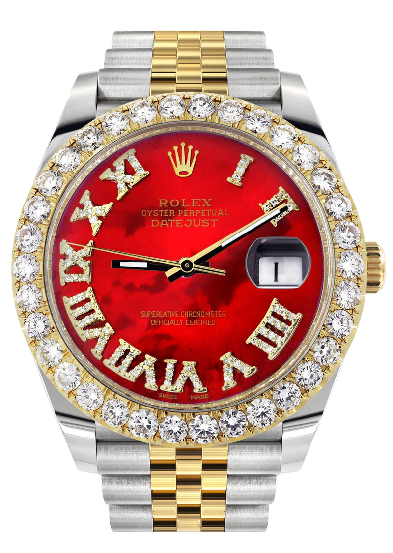 Rolex Datejust 41 Watch | 41 MM | 18K Yellow Gold & Stainless Steel | Custom Red Mother of Pearl Roman Dial | Jubilee Band