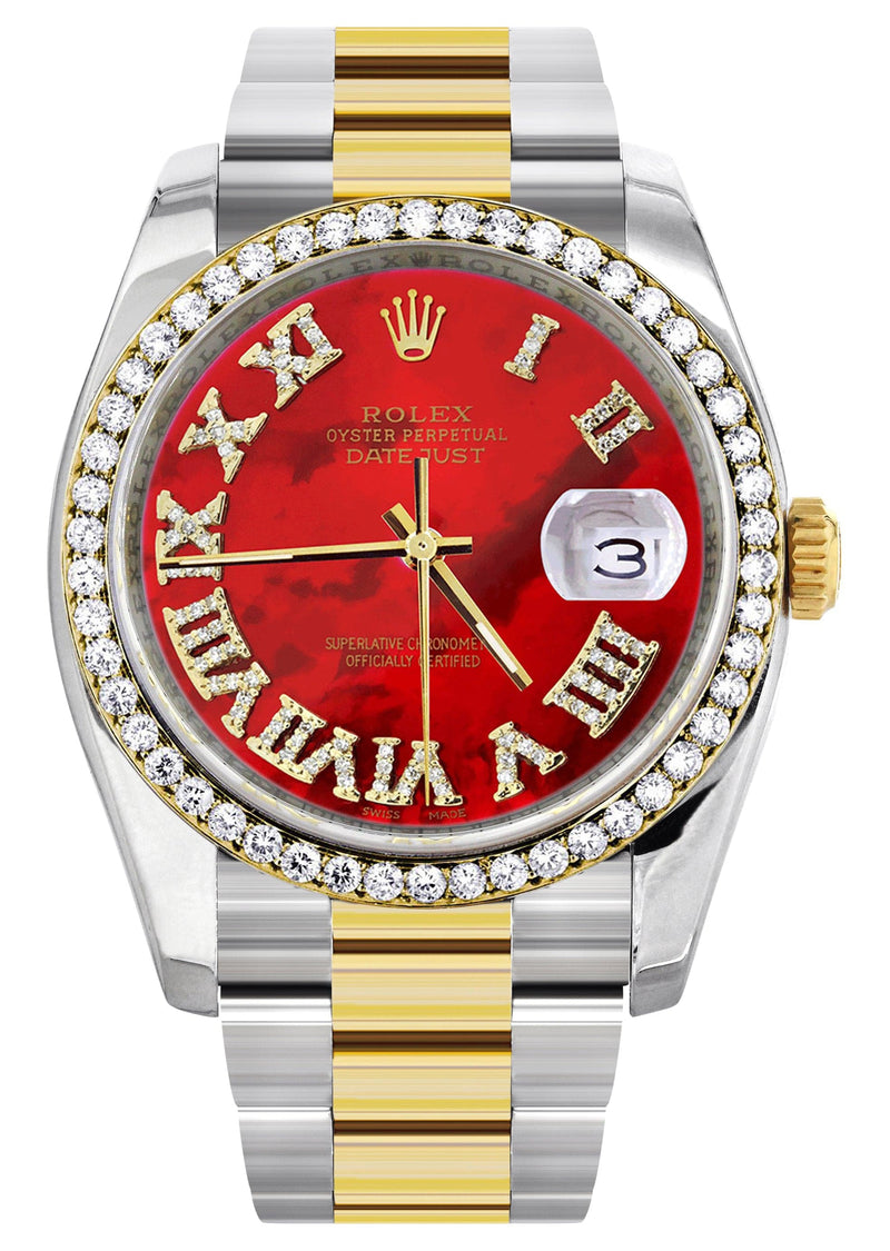 116233 | Gold & Steel Rolex Datejust Watch | 36Mm | Red Mother Of Pearl Roman Diamond Dial | Oyster Band