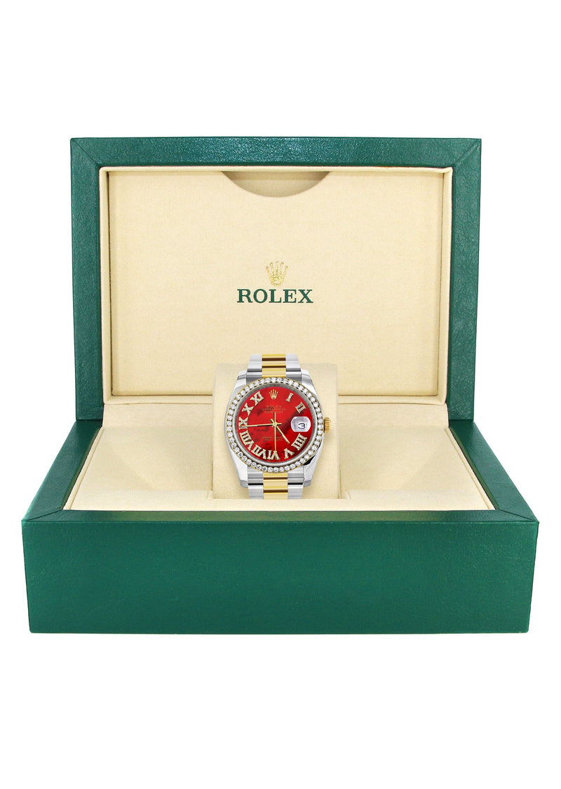 116233 | Gold & Steel Rolex Datejust Watch | 36Mm | Red Mother Of Pearl Roman Diamond Dial | Oyster Band
