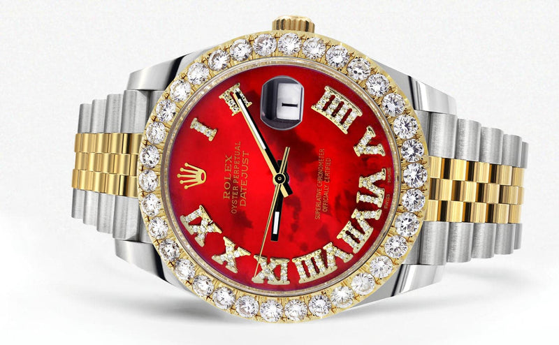 Rolex Datejust 41 Watch | 41 MM | 18K Yellow Gold & Stainless Steel | Custom Red Mother of Pearl Roman Dial | Jubilee Band