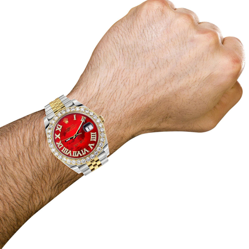 Rolex Datejust 41 Watch | 41 MM | 18K Yellow Gold & Stainless Steel | Custom Red Mother of Pearl Roman Dial | Jubilee Band