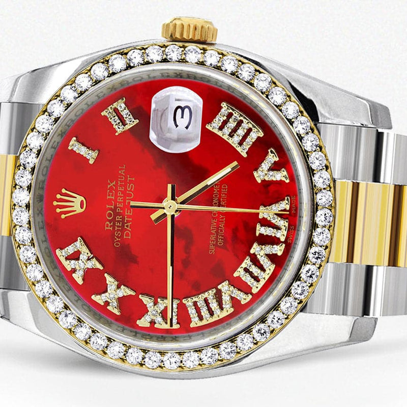 116233 | Gold & Steel Rolex Datejust Watch | 36Mm | Red Mother Of Pearl Roman Diamond Dial | Oyster Band