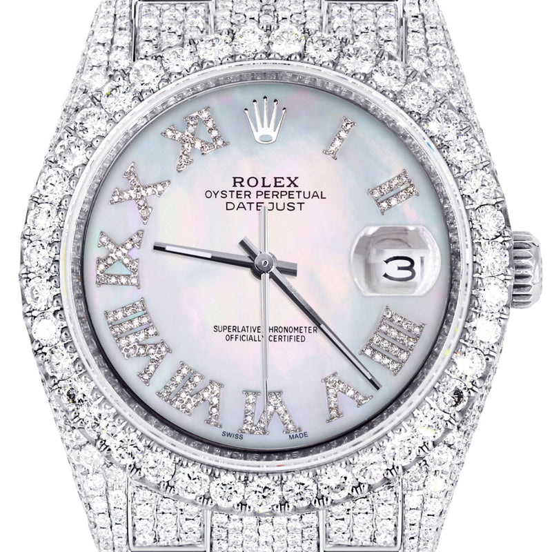 Iced Out Rolex Datejust 36 MM | Stainless Steel | 16.5 Carats of Diamonds | Mother of Pearl Roman Diamond Dial | Oyster Band | Model 116200