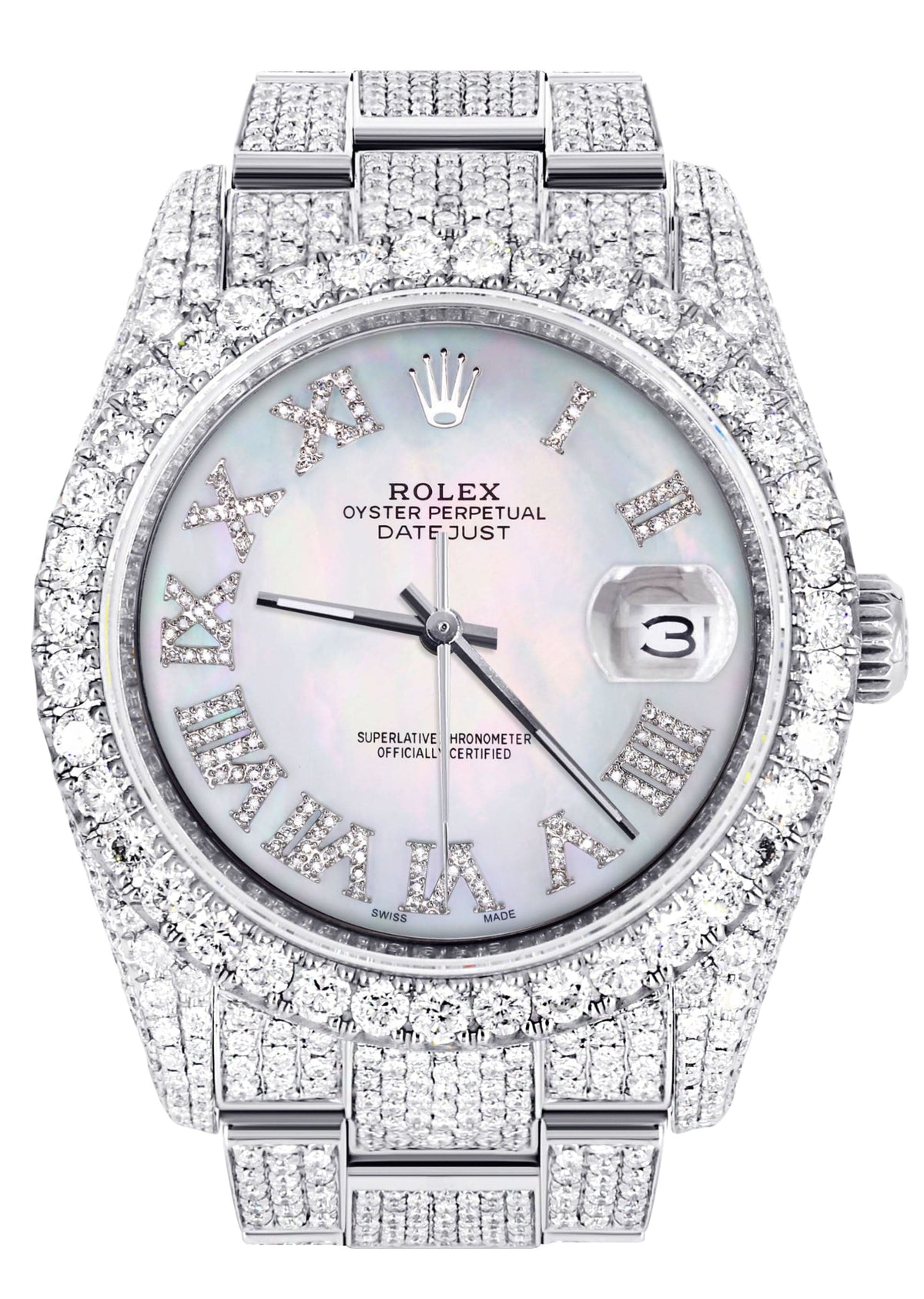 Iced Out Rolex Datejust 36 MM | Stainless Steel | 16.5 Carats of Diamonds | Mother of Pearl Roman Diamond Dial | Oyster Band | Model 116200