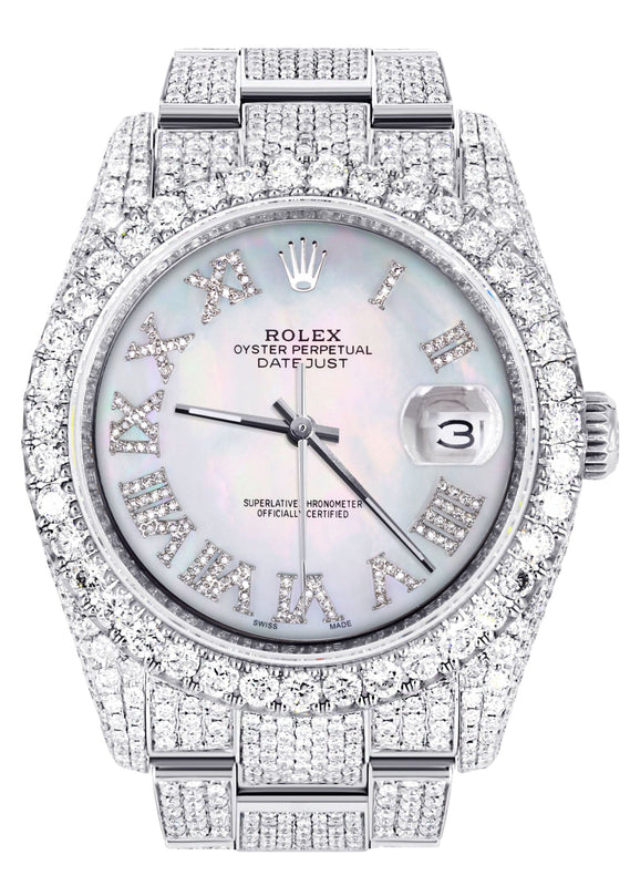 Iced Out Rolex Datejust 36 MM | Stainless Steel | 16.5 Carats of Diamonds | Mother of Pearl Roman Diamond Dial | Oyster Band | Model 116200