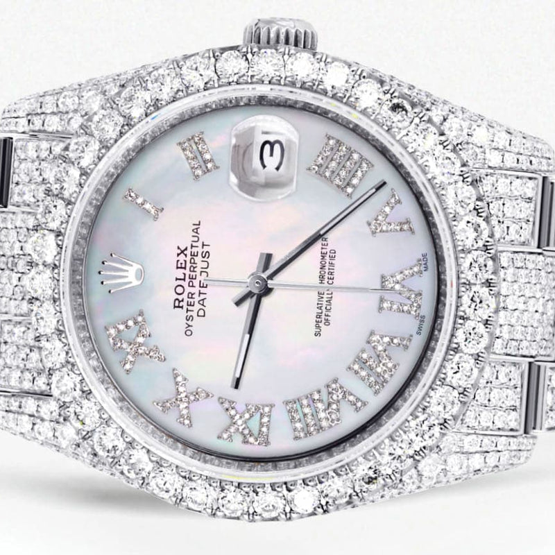 Iced Out Rolex Datejust 36 MM | Stainless Steel | 16.5 Carats of Diamonds | Mother of Pearl Roman Diamond Dial | Oyster Band | Model 116200