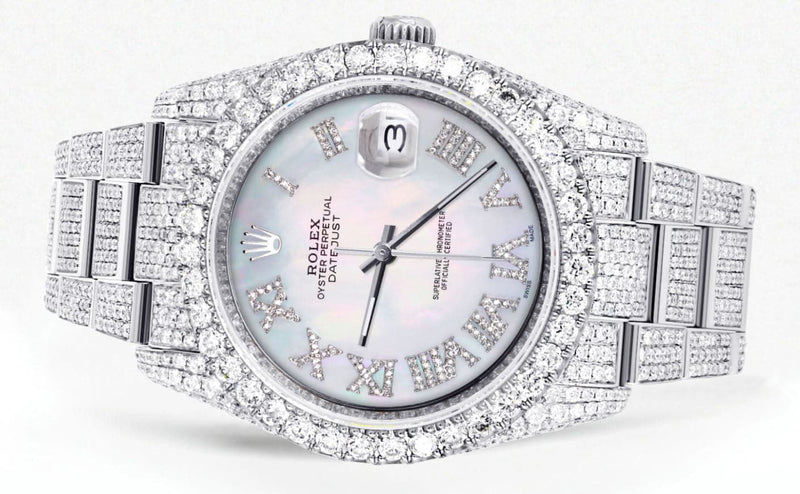 Iced Out Rolex Datejust 36 MM | Stainless Steel | 16.5 Carats of Diamonds | Mother of Pearl Roman Diamond Dial | Oyster Band | Model 116200