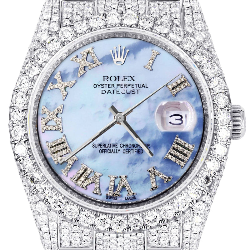 Iced Out Rolex Datejust 36 MM | Stainless Steel | 16.5 Carats of Diamonds | Blue Mother of Pearl Roman Diamond Dial | Oyster Band | Model 116200