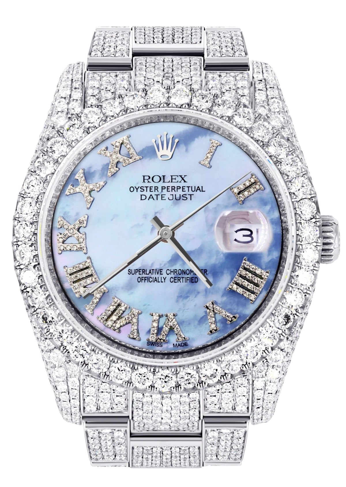 Iced Out Rolex Datejust 36 MM | Stainless Steel | 16.5 Carats of Diamonds | Blue Mother of Pearl Roman Diamond Dial | Oyster Band | Model 116200