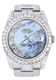 Iced Out Rolex Datejust 36 MM | Stainless Steel | 16.5 Carats of Diamonds | Blue Mother of Pearl Roman Diamond Dial | Oyster Band | Model 116200
