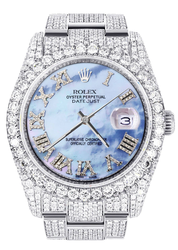 Iced Out Rolex Datejust 36 MM | Stainless Steel | 16.5 Carats of Diamonds | Blue Mother of Pearl Roman Diamond Dial | Oyster Band | Model 116200