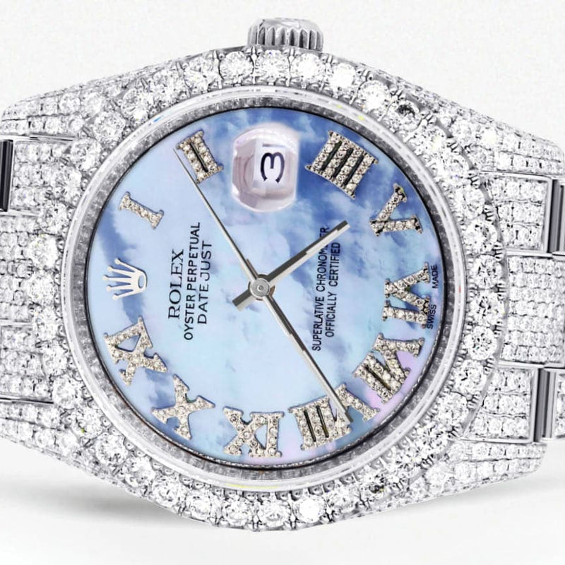 Iced Out Rolex Datejust 36 MM | Stainless Steel | 16.5 Carats of Diamonds | Blue Mother of Pearl Roman Diamond Dial | Oyster Band | Model 116200