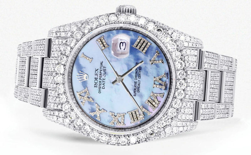 Iced Out Rolex Datejust 36 MM | Stainless Steel | 16.5 Carats of Diamonds | Blue Mother of Pearl Roman Diamond Dial | Oyster Band | Model 116200
