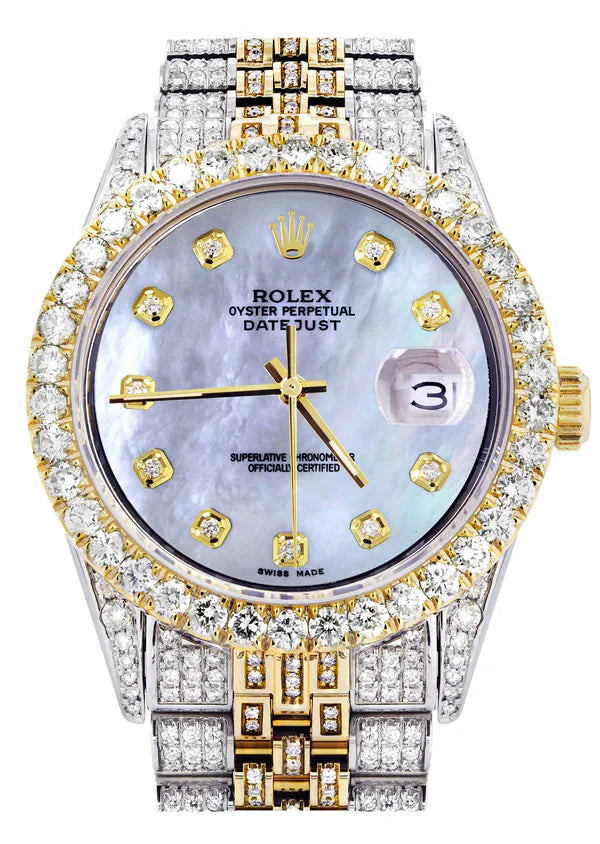 Iced Out Rolex Datejust | 36MM | Mother of Pearl Diamond Dial | Two Tone | Diamond Jubilee Band | 10 Carats of Diamonds