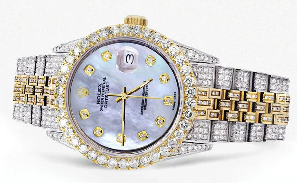 Iced Out Rolex Datejust | 36MM | Mother of Pearl Diamond Dial | Two Tone | Diamond Jubilee Band | 10 Carats of Diamonds