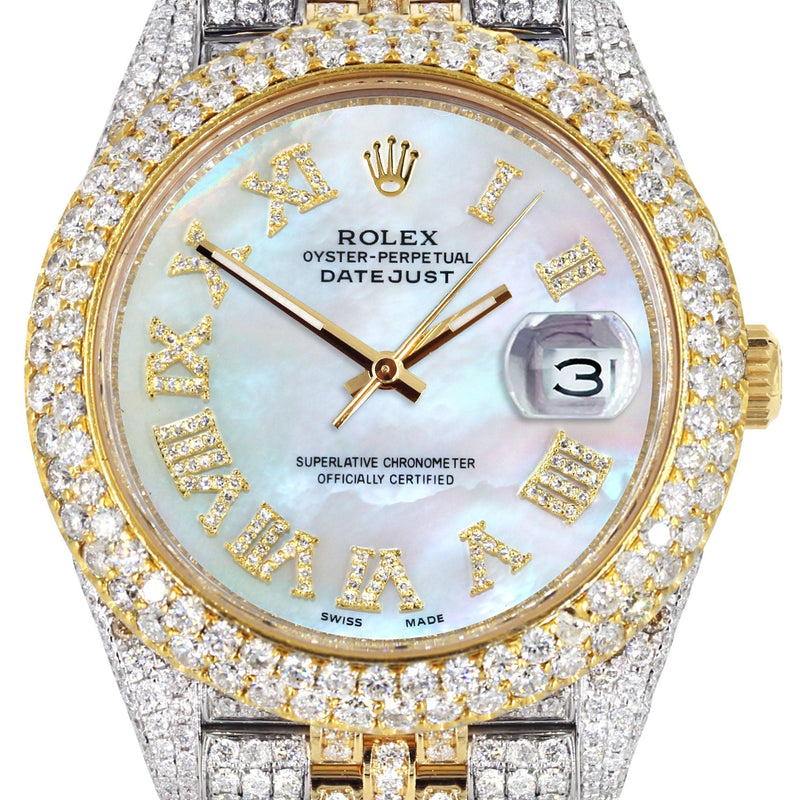 Womens Diamond Iced Out Rolex Datejust 41 | 25 Carats Of Diamonds | Mother Of Pearl Dial | Two Tone | Two Row | Jubilee Band